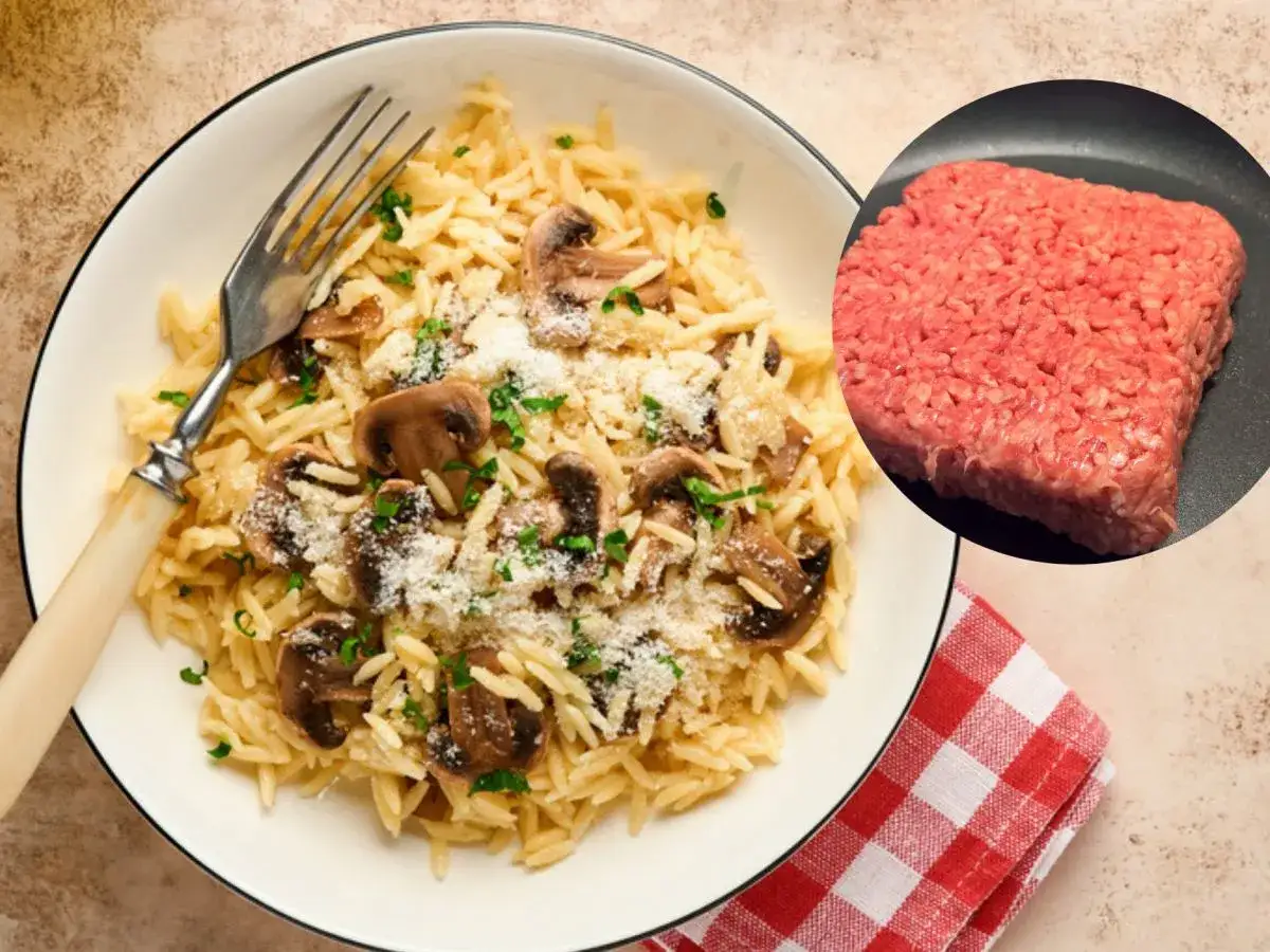 Pyszne danie z makaronu orzo z grzybami i parmezanem, obok surowe mięso mielone – idealne na coś fajnego z mięsa mielonego.