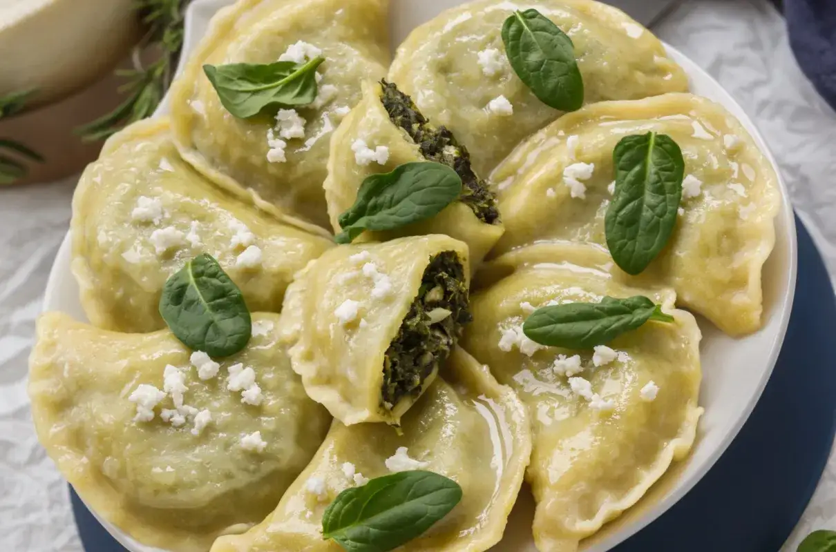 Pyszne pierogi z farszem ze szpinaku i białym serem, udekorowane świeżymi listkami szpinaku i pokruszonym serem.