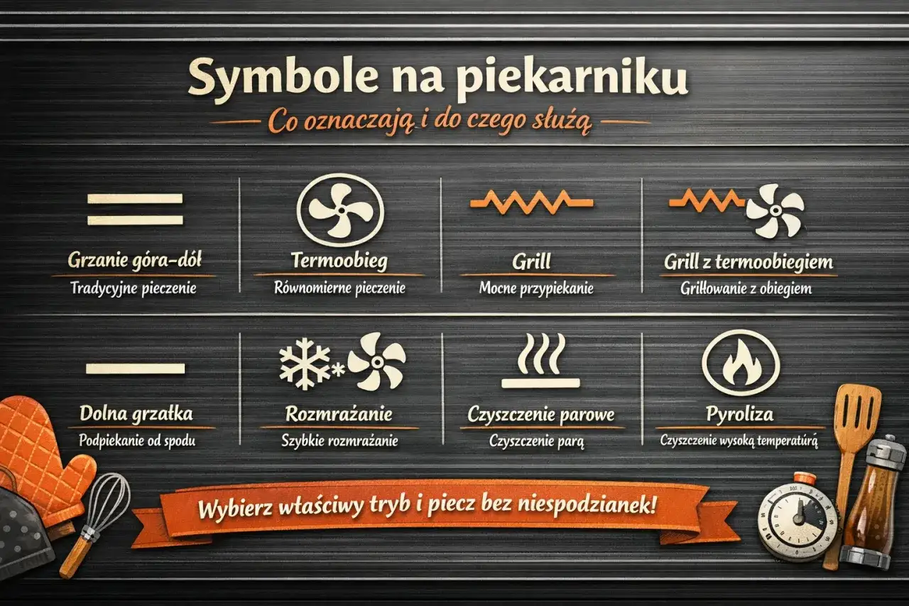 Grafika pokazuje symbole piekarnika. Termoobieg oznaczony jest wentylatorem w okręgu, co zapewnia równomierne pieczenie.
