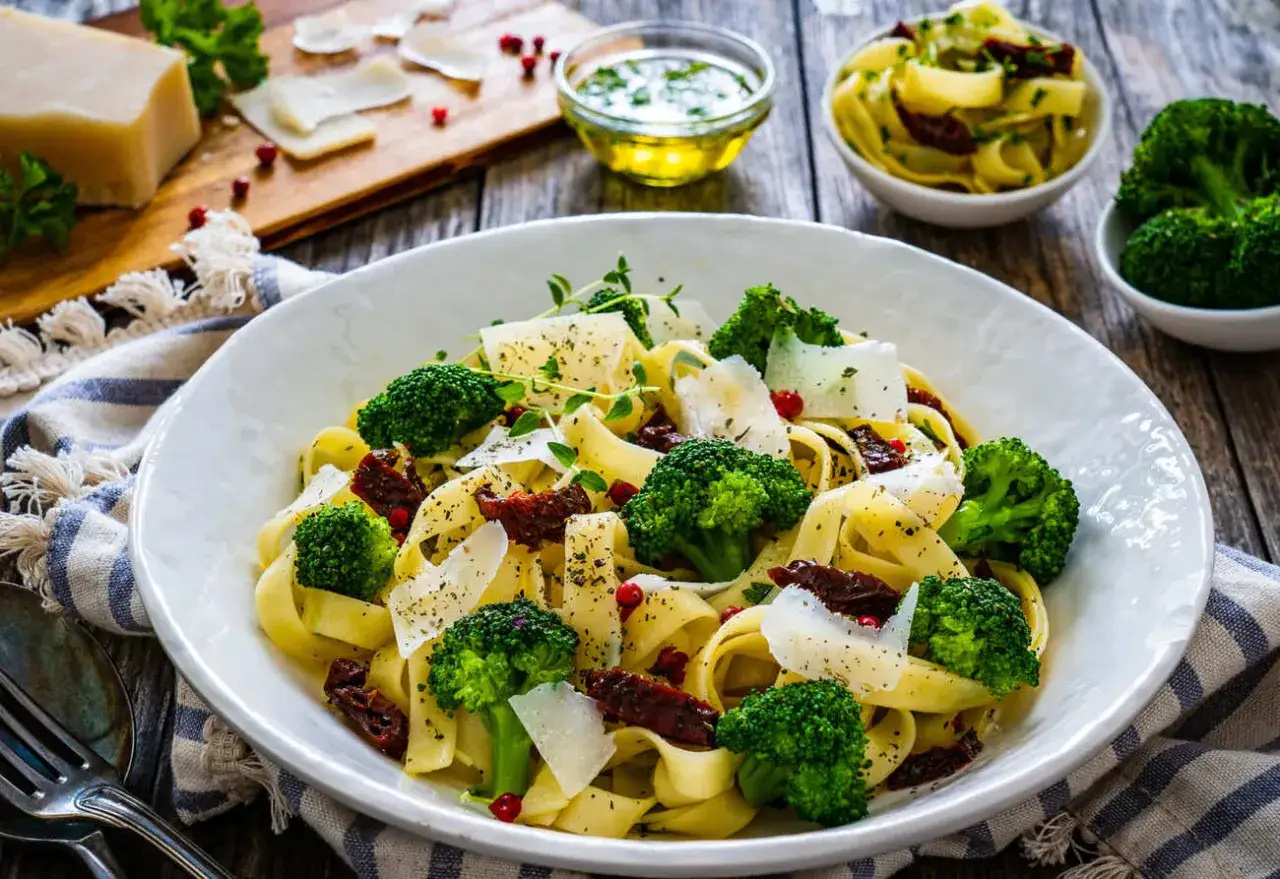 Makaron z brokułami, suszonymi pomidorami i parmezanem. Idealny pomysł, co zrobić z brokuła, by stworzyć pyszne danie.