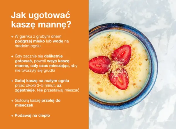 Kasza manna na wodzie, idealne proporcje dla pysznego deseru. Podana z truskawkami i kruszonką.